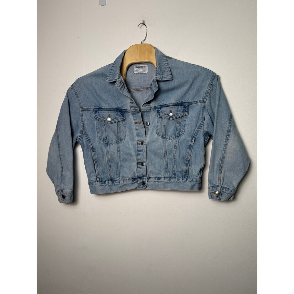 Pull&Bear Women Light Wash Denim Cropped Trucker Jacket Size M Oversized Boxy